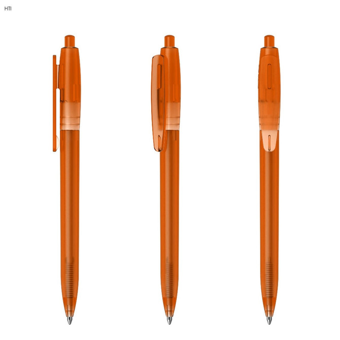 An orange plastic pen featuring a transparent barrel and a clip, shown from three different angles.