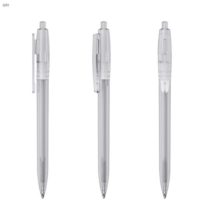 A clear plastic pen featuring a click mechanism and a comfort grip, displayed from multiple angles. It has a simple branding logo.