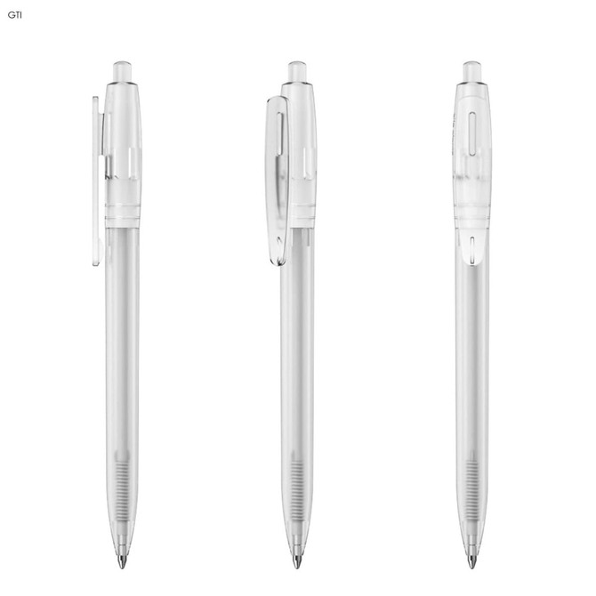 A clear plastic pen with a retractable design and grip. The pen features a clip and is shown from multiple angles.