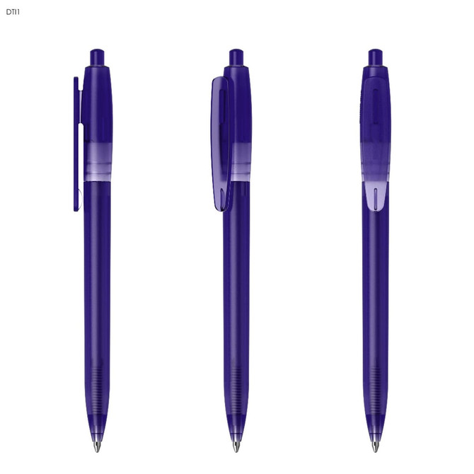 A set of three purple plastic pens featuring a click mechanism and clear grips, each with a branding logo.