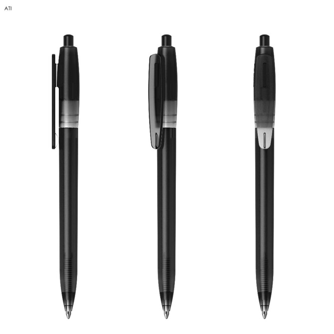 A black plastic pen with a clip, featuring a sleek design and a push-button mechanism. It has a logo on the barrel.