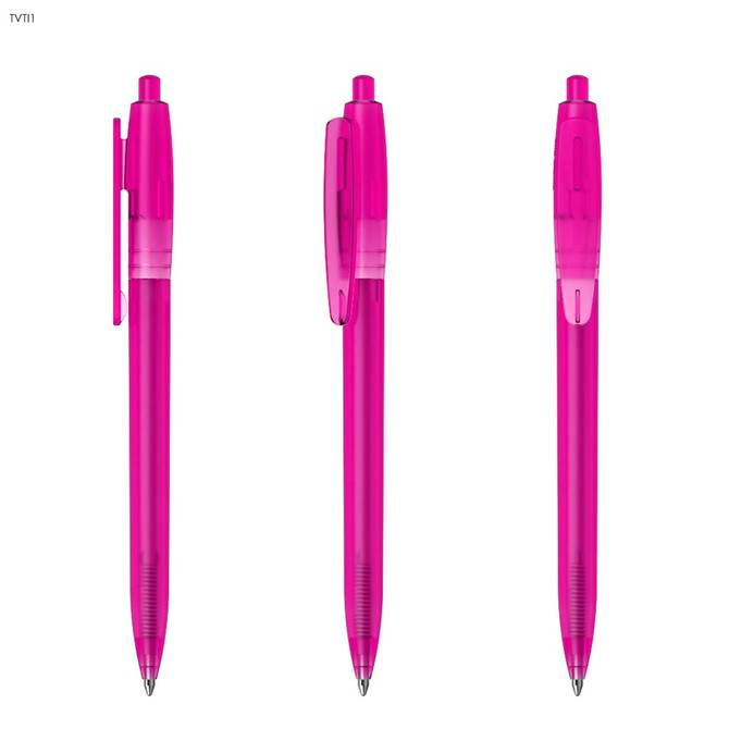 A pink plastic pen displayed from three angles, featuring a clip and a logo.