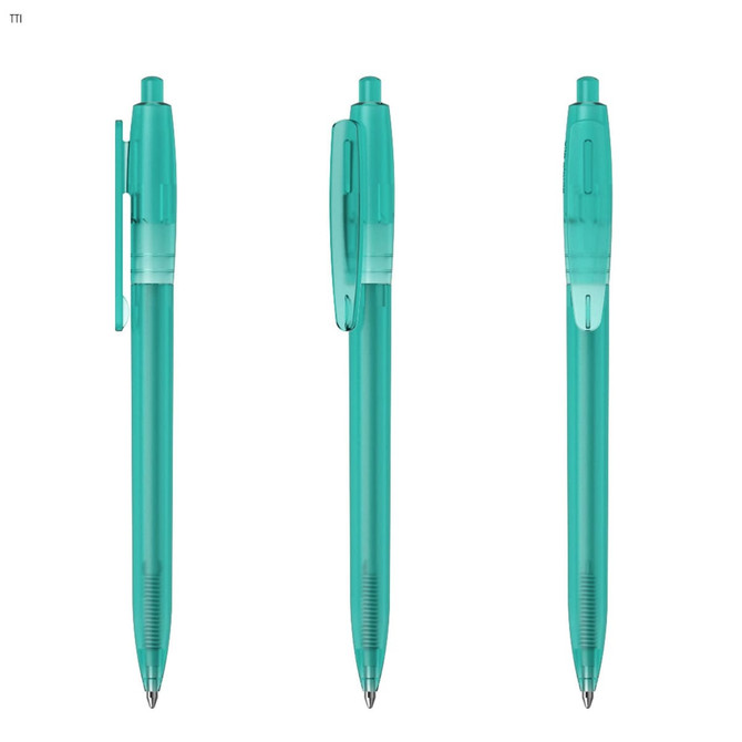 A set of three teal plastic pens with click mechanism and transparent barrel, featuring a clip on the side.
