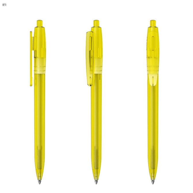 A set of three yellow plastic pens with click mechanisms and transparent barrels, featuring clips for attachment.