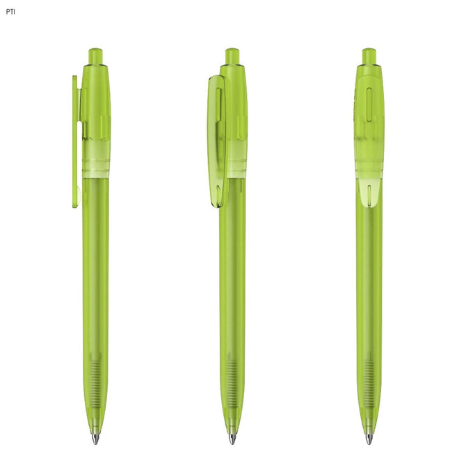A set of three transparent green plastic pens featuring a clip and a click mechanism. Each pen has a clear barrel.