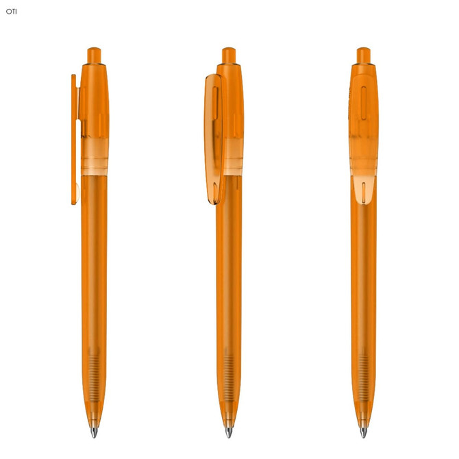 An orange plastic pen with a transparent body, featuring a clip and a push mechanism. The pen has a logo.