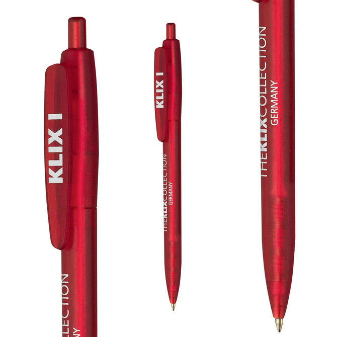 A red plastic pen with a clip and a logo, showcasing a sleek design.