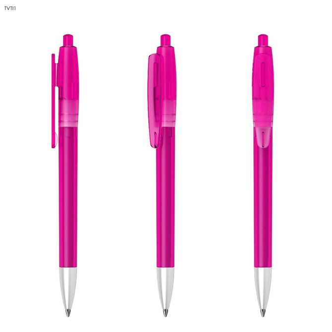 Three pink plastic pens with a clear grip and silver tips, featuring a logo on one side.