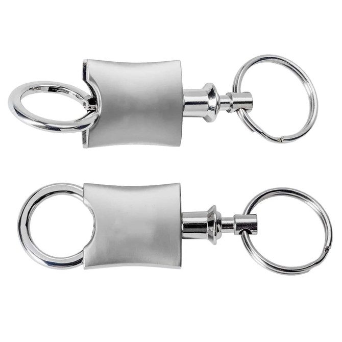 A silver snap apart key ring with a sleek, streamlined design and circular keyring loops.