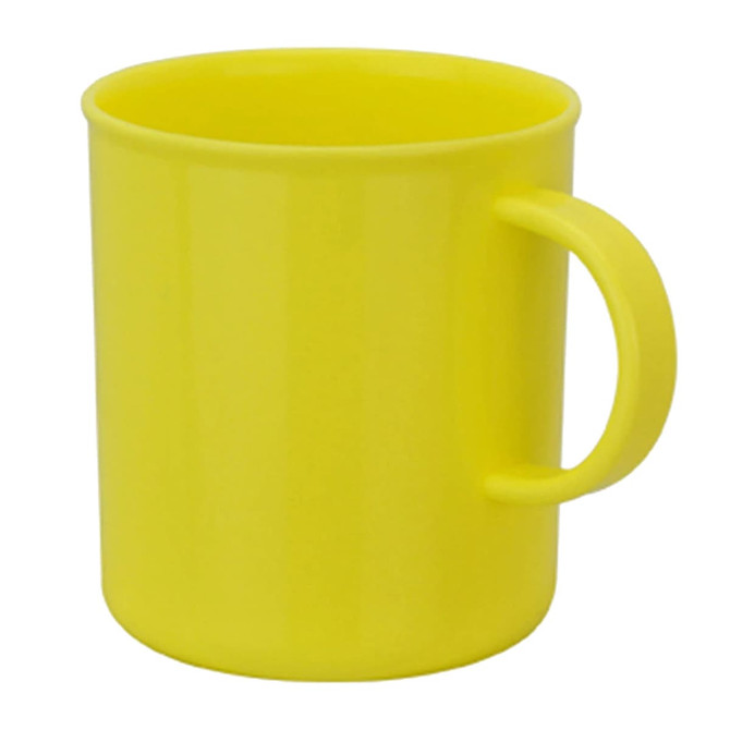 A bright yellow plastic mug with a handle, featuring a sleek, smooth design and a branded logo.