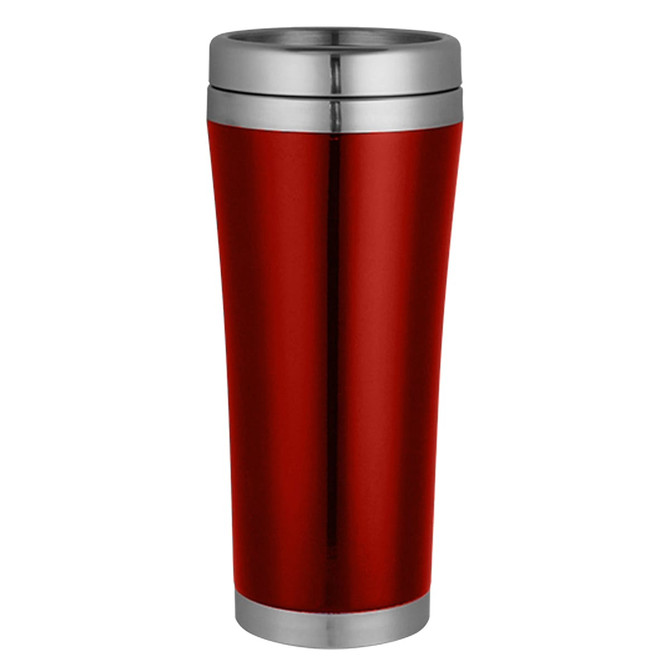 A travel mug in a glossy red finish with a stainless steel band at the top and bottom. It features a logo.