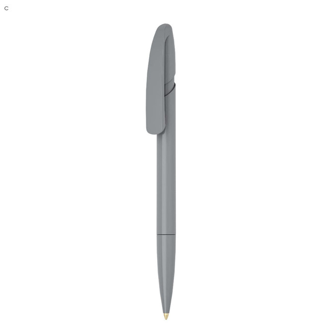 A grey plastic pen with a sleek design and a clip for easy attachment. It features a subtle branding logo.