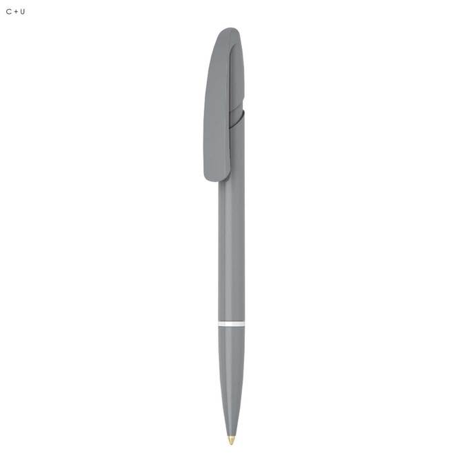 A plastic pen in a sleek grey colour with a clip and a gold nib, featuring a simple branding logo.