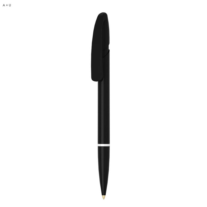 A black plastic pen with a clip and a silver band, featuring a logo on the barrel.