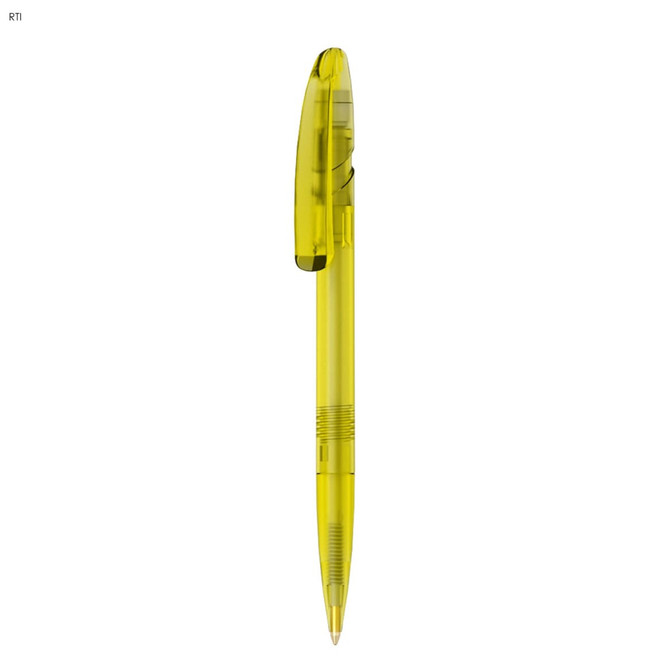 A bright yellow plastic pen with a transparent barrel and a retractable mechanism, featuring a logo.