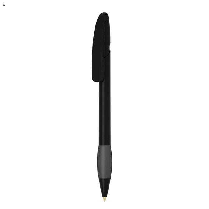 A plastic pen in black with a grey grip and a clip, featuring a logo on its body.