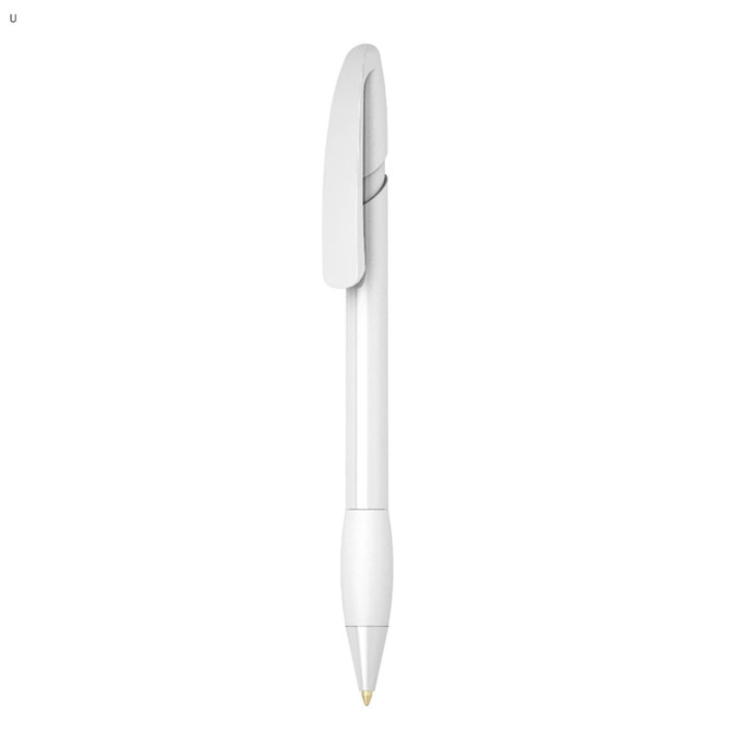 A white plastic pen with a clip and a gold tip, featuring a simple design and a branding logo.