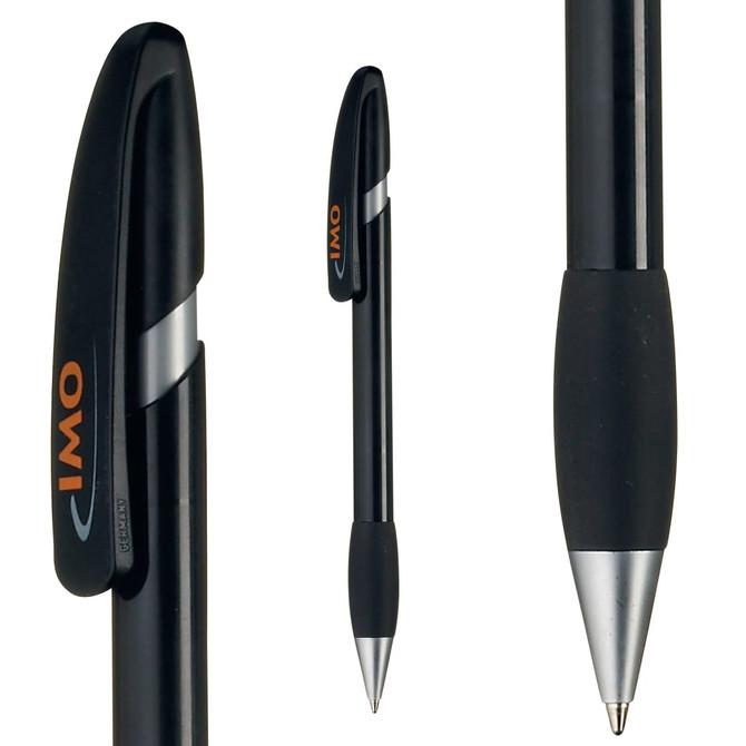A black plastic pen with a grip section and a logo. The pen features a sleek design and a silver nib.