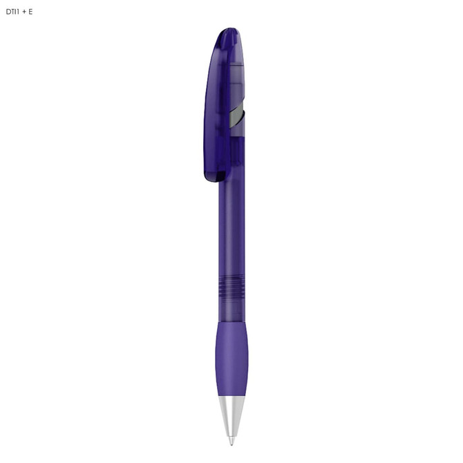 A purple plastic pen with a transparent body and a silver tip, featuring a clip and a branding logo.