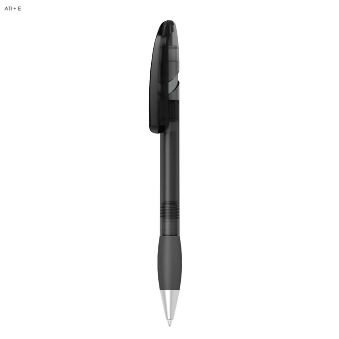 A black plastic pen with a sleek design and a logo on the side.