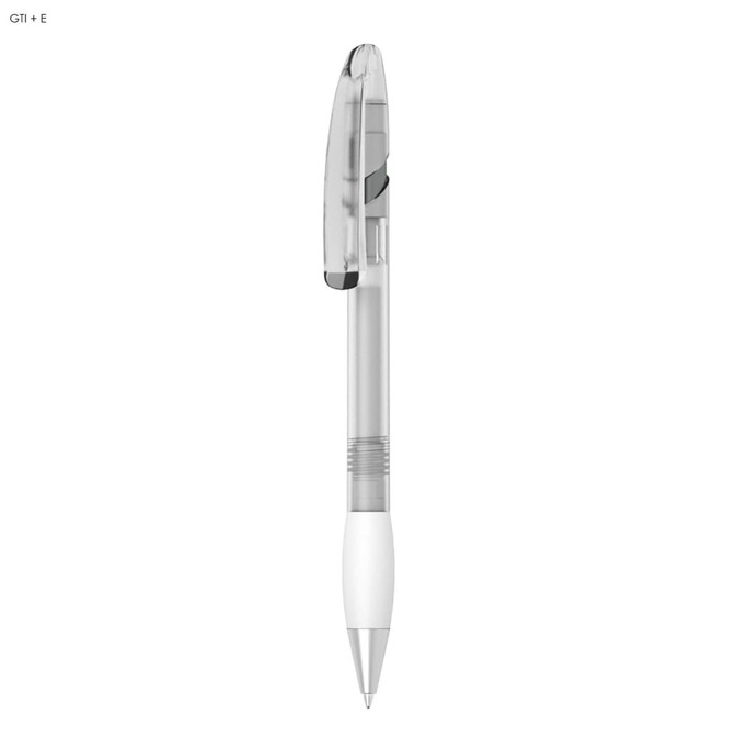 A clear plastic pen with a white grip and a transparent barrel, featuring a black click mechanism. It has a branding logo.