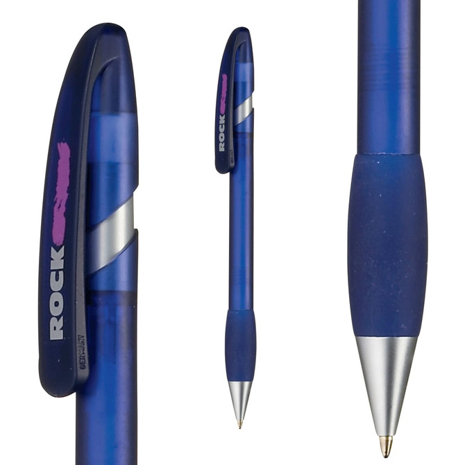 A blue plastic pen with a smooth finish and a clip, featuring a branded logo.