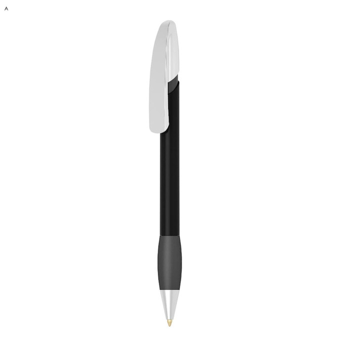 A plastic pen with a sleek black body, silver clip, and grey grip. It features a branding logo.