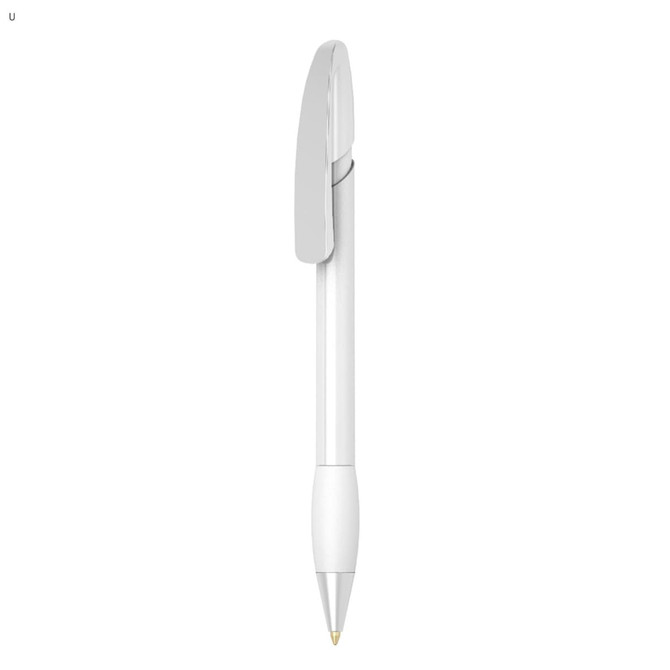 A plastic pen in white with a clip design. The pen features a smooth body and a gold tip.