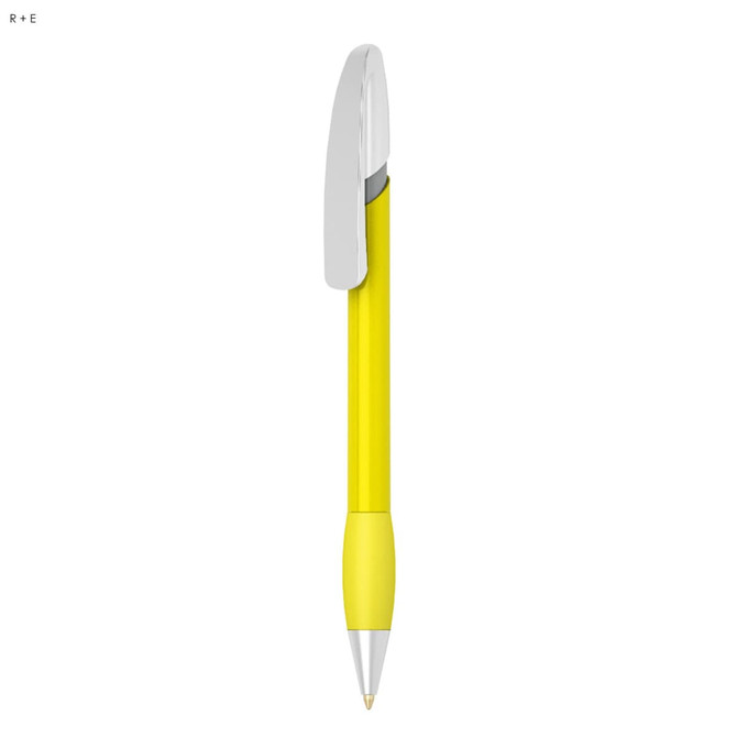 A yellow plastic pen with a silver clip and a rounded design, featuring a branding logo.