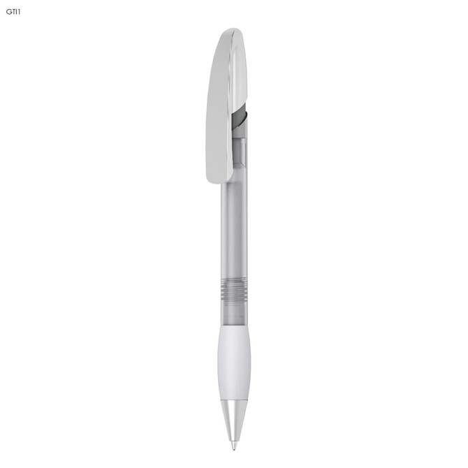 A clear plastic pen with a white grip and a silver clip. It features a simple design and has a branding logo.