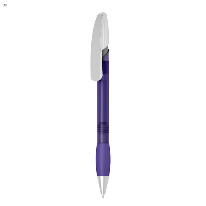 A purple plastic pen with a silver clip and accents, featuring a smooth barrel and a logo on its body.