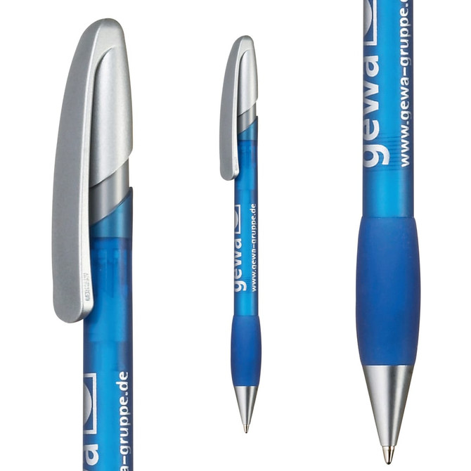 A blue plastic pen with a silver clip and a logo, designed for writing.