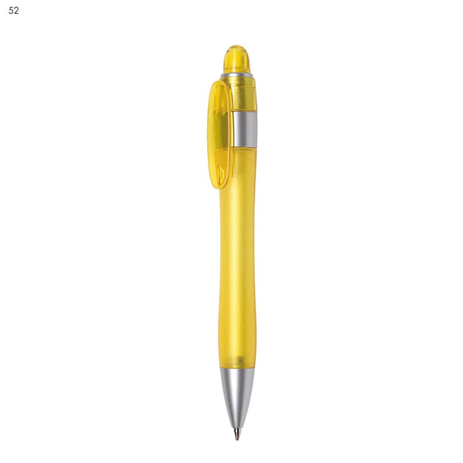A yellow plastic pen with a translucent body and silver accents, featuring a cap. It has a branding logo.