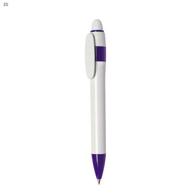 A plastic pen featuring a white body with purple accents and a logo on the barrel.