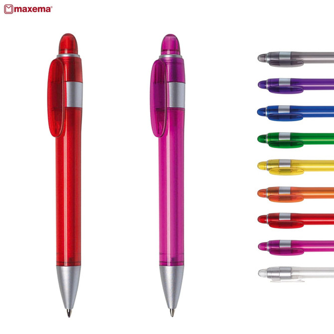 Two plastic pens in red and pink, with silver accents, alongside a range of additional coloured pens. The image includes branding.
