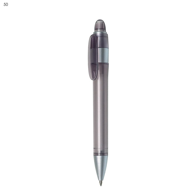 A plastic pen in grey with a silver clip and tip, featuring a logo on the barrel.