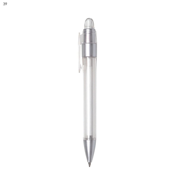 A transparent plastic pen with silver accents and a clear cap. It features a sleek design with a logo.