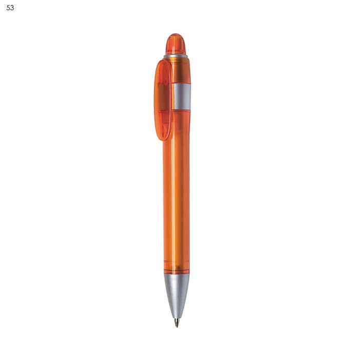 An orange plastic pen with a silver tip and a clip, featuring a logo on its side.