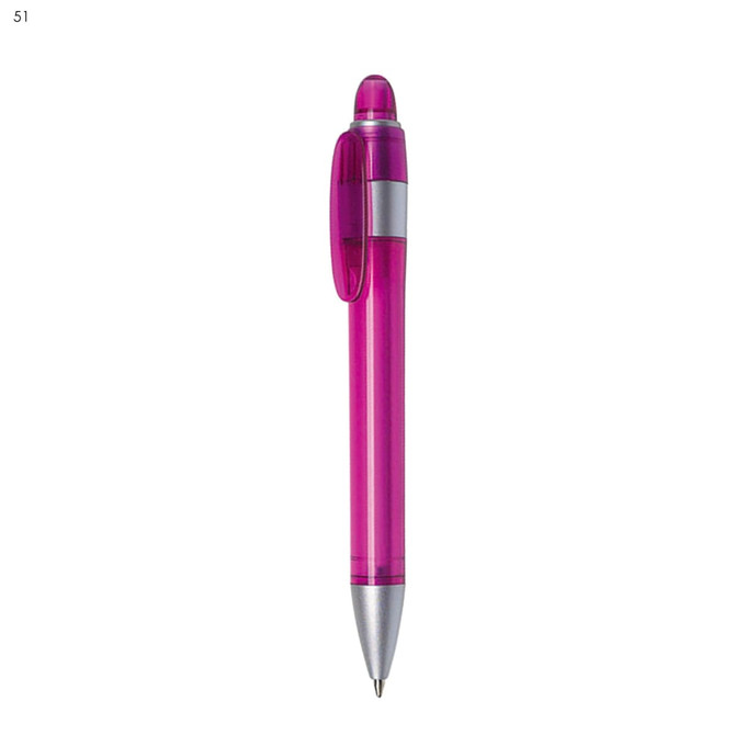 A pink plastic pen with a silver accent and a clip, featuring a transparent barrel.