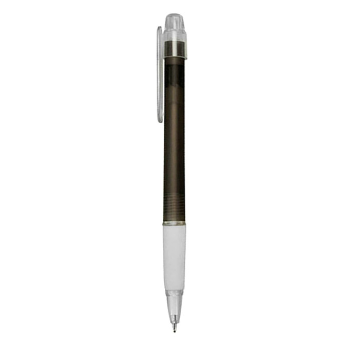 A black and clear plastic pen with a transparent body, featuring a clip and a white grip section.