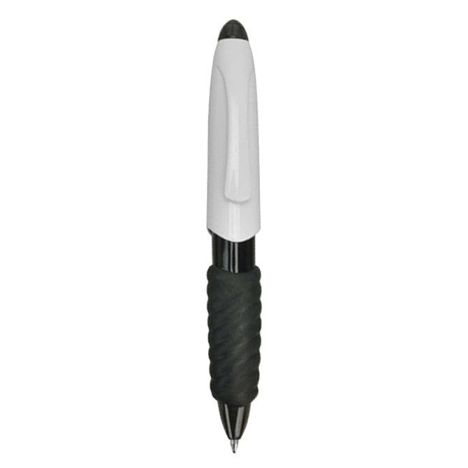 A plastic pen in white with a black rubber grip and black ink tip, featuring branding on the barrel.