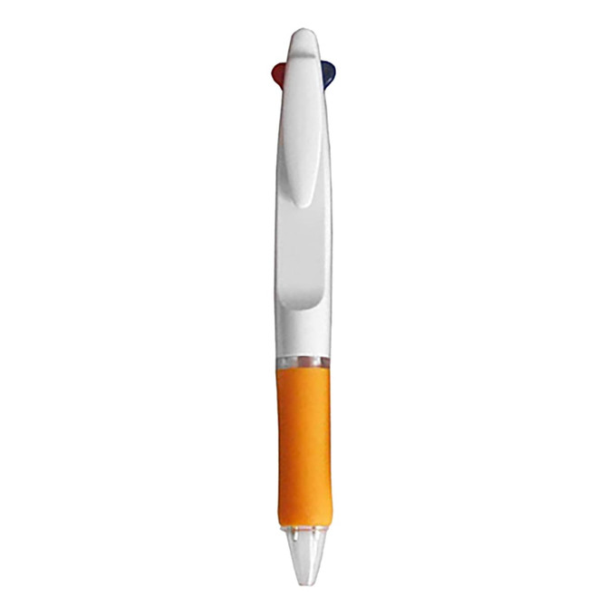 A plastic pen with an orange grip, featuring red and blue caps, and a clear barrel. It has a branding logo.