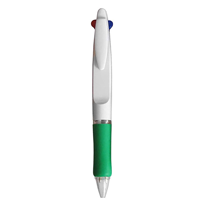 A plastic pen with a green grip, featuring blue and red top buttons and a clear barrel. It includes a logo.