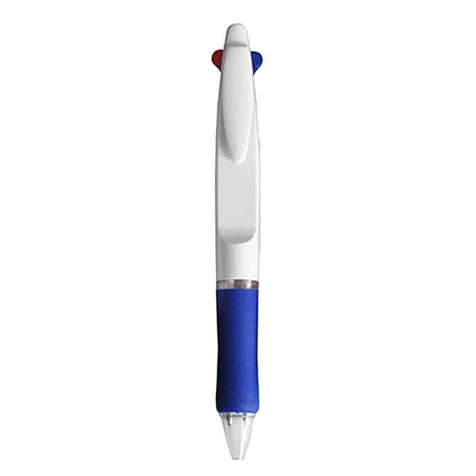 A white plastic pen with a blue grip and red and blue clickable tops, featuring a logo.