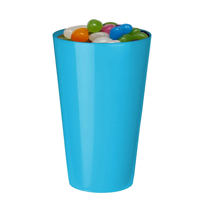A bright blue cup filled with multicoloured jelly beans, including green, white, orange, and pink.