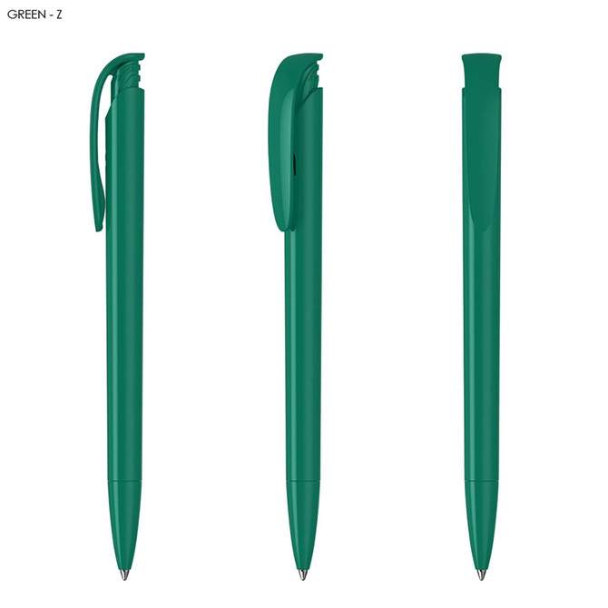 A green plastic pen with a sleek design, featuring a clip and smooth lines, shown from different angles.