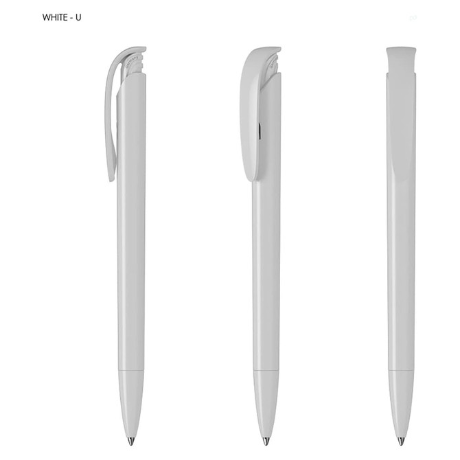 A white plastic pen with a sleek design and a clip, displayed from multiple angles.