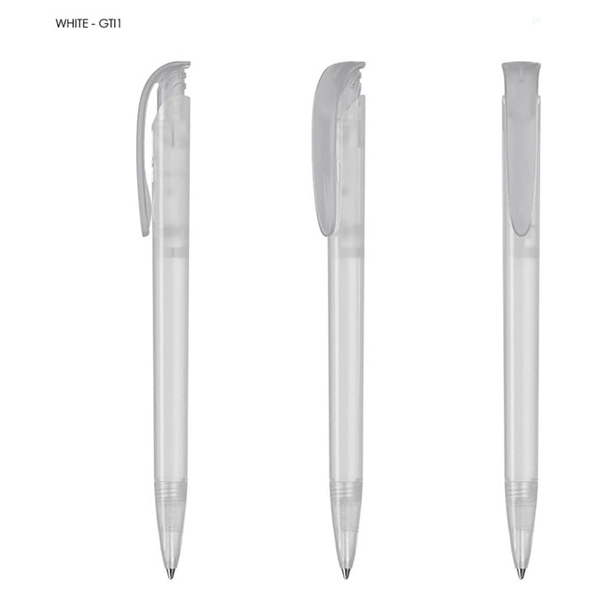 A set of white plastic pens with clear bodies and retractable clips, featuring a modern design.