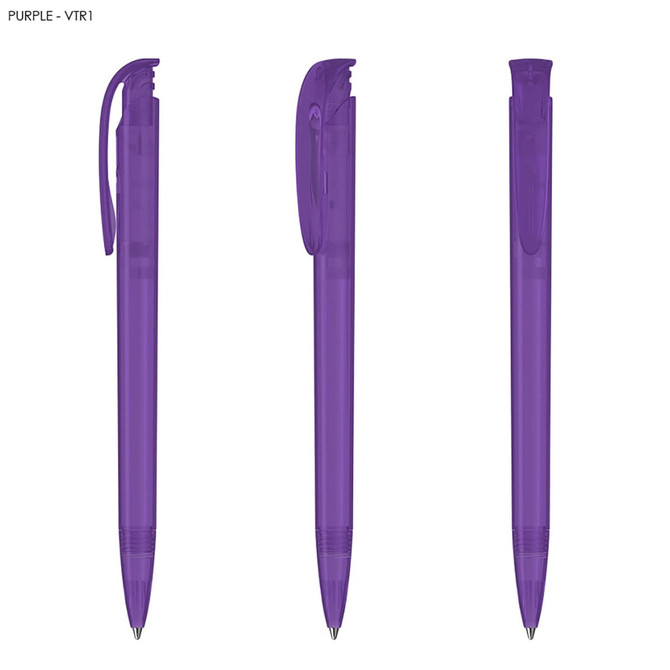 A purple plastic pen with a transparent barrel and a clip, displayed from three angles.