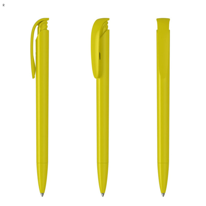 A yellow plastic pen with a clip, displayed from three different angles. It features a sleek design and has a branding logo.